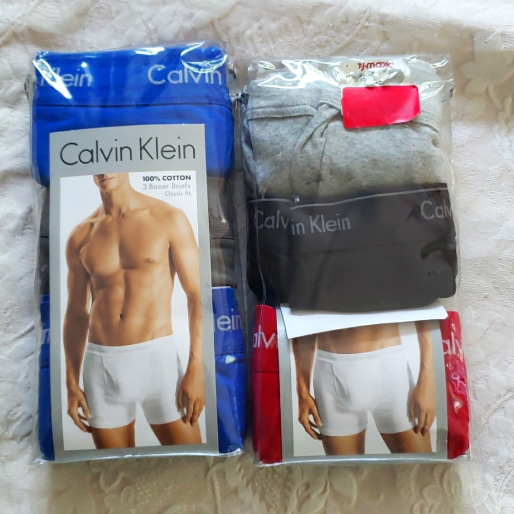 Medium Calvin Klein boxer briefs. Blue, gray, red, black.